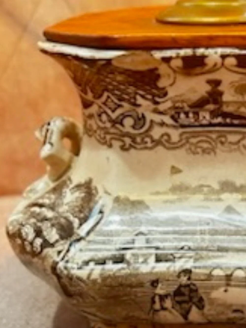 Rare Antique 19th Century English Brown Transferware Pastoral Scene Lamp Base